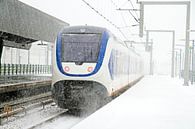 Rijdende trein in een sneeuwstorm in Amsterdam van Eye on You thumbnail