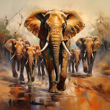 Troupeau d'éléphants - peinture à l'huile sur The Xclusive Art