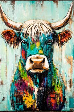 Kleurrijke Schotse hooglander schilderij van Art & Soul Creations