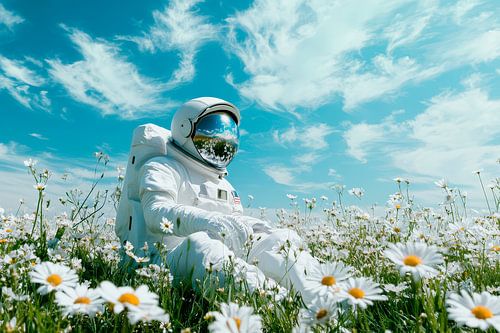 Astronaut in het bloemenveld - dromerige vrede