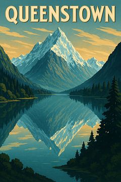 Queenstown Peaks & Lake Mirror - Vintage Berg Illustration