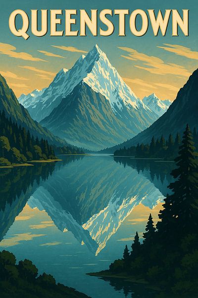 Pics de Queenstown &amp;amp ; Miroir du lac - Illustration de montagne vintage par Travel Shop