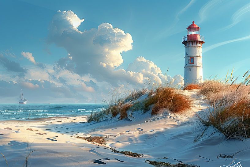 Red lighthouse on a serene coastal beach with dunes by Poster Art Shop