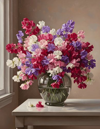 Geurende erwt (Lathyrus odoratus) in een vaas van rookkleurig glas