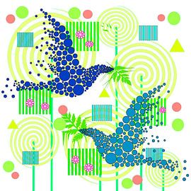 Blue Birds with leaves by Roswitha Lorz