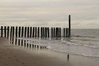 zee landschap met reflectie van de strandpalen op het zandstrand in het zeewater