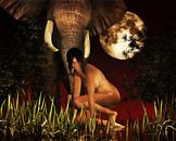 Erotik nackt - Nackte Frau mit einem Elefanten in freier Wildbahn von Jan Keteleer Miniaturansicht