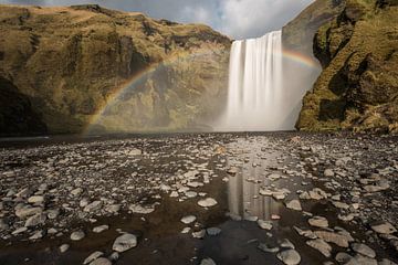 Skogafoss with rainbow and reflection