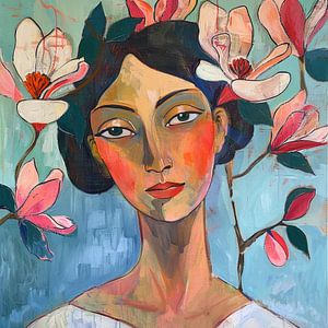 Vrouwenportret met magnolia bloemen
