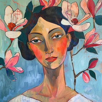 Vrouwenportret met magnolia bloemen van Vlindertuin-Art