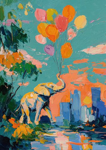 Elephant with balloons over city park by Niklas Maximilian