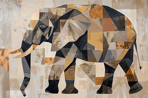 Geometrische Abstracte Olifant in Sepia