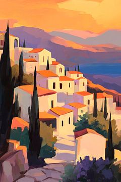 Mountain village sunset by Poster Art Shop