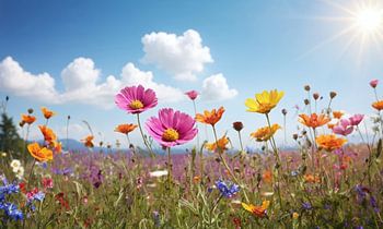 Een bloemenveld met een blauwe lucht op de achtergrond