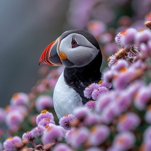 Atlantic Puffin Amidst Pink Heather Flowers