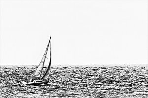 Minimalistisches Schwarz-Weiß-Kunstwerk eines Segelboots bei Vlissingen (Zeeland)