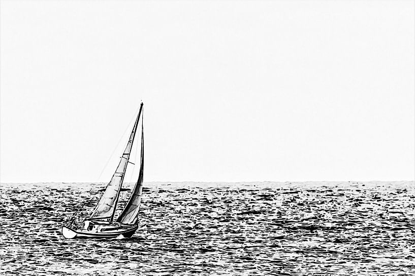 Minimalistisches Schwarz-Weiß-Kunstwerk eines Segelboots bei Vlissingen (Zeeland) von Art by Jeronimo