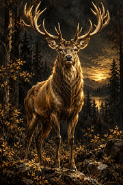 Golden stag painting – red deer in the woods