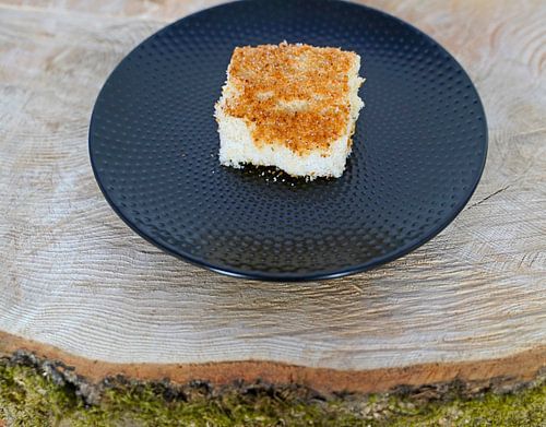 Vers gebakken kokos karnemelk cake op een boomschijf