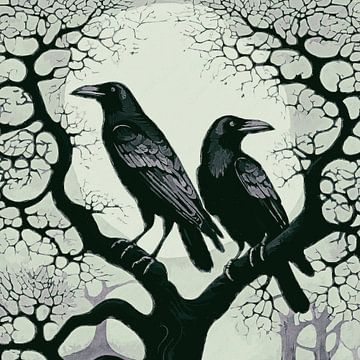 Zwei Krähen in einem Baum im Mondlicht von Anna Marie de Klerk