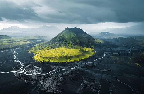 Flying view over volcanic fields