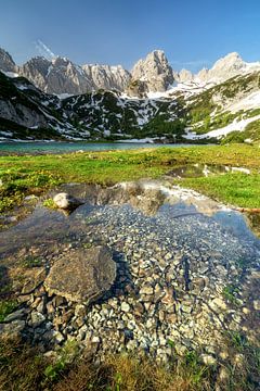 Reflection in the Seebensee in Tirol Reutte Austria. Hiking in the morning to the sunrise