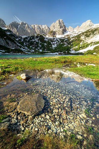 Reflection in the Seebensee in Tirol Reutte Austria. Hiking in the morning to the sunrise