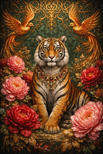Art de la chinoiserie : tigre orné - Majestueux tigre orné de pierres précieuses et de pivoines & Phénix dorés - Décoration murale luxueuse et maximaliste