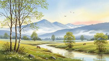 Peinture à l'aquarelle d'une rivière, d'une prairie, de montagnes et d'animaux