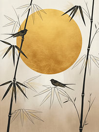 ZEN Art. Japanese birds on bamboo and a golden sun by Studio Pieternel