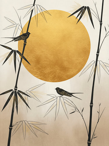 ZEN Art. Japanische Vögel auf Bambus und goldene Sonne