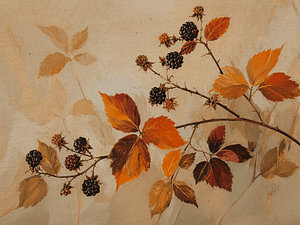 Botanische Kunst: Zweig mit Brombeeren in der Herbstsonne