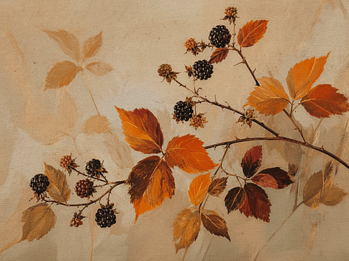 Botanische Kunst: Zweig mit Brombeeren in der Herbstsonne