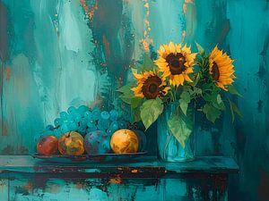 Stimmungsvolles Stillleben mit Sonnenblumen und Obstschale