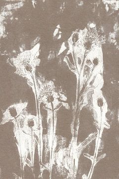 Flowers in retro style. Modern botanical minimalist art in sepia brown and white by Dina Dankers