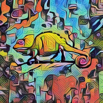Kleurig modern kunstwerk van een kameleon op tak