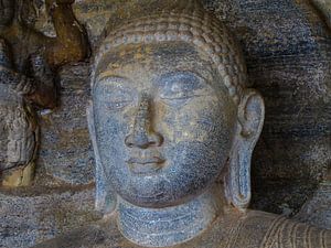 Serene Ausdruck auf dem Gesicht von Buddha mit langen Ohren, Sri Lanka