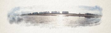 Panoramisch uitzicht op een zandstrand met een stedelijke skyline en een zonnige lucht in aquarel.