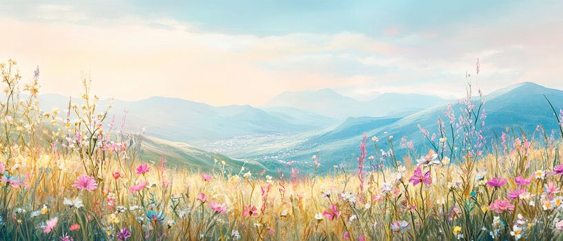 Blühende Almwiese im Morgenlicht von Poster Art Shop