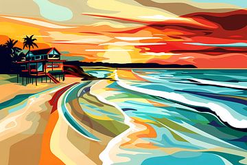 Impressionistisch strandhuis bij zonsondergang van Art & Soul Creations