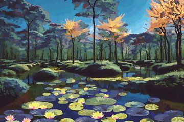 Herbstsonne, Teich mit Seerosen und Bäumen von Anna Marie de Klerk