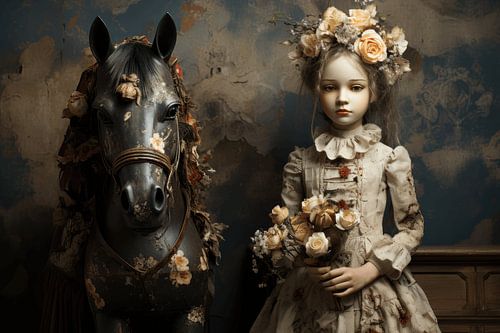 Stilleven met porseleinen pop en haar paard