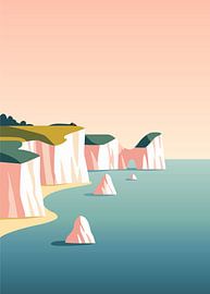 Minimalistische, flache Vektorillustration von malerischen weißen Meeresklippen und Felsformationen bei Sonnenuntergang. von Adam Khabibi
