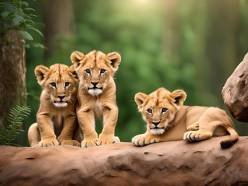Drie jonge leeuwtjes in het bos op een boomstam