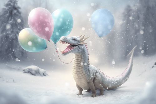 Un dragon heureux avec des ballons aux couleurs pastel dans la neige.