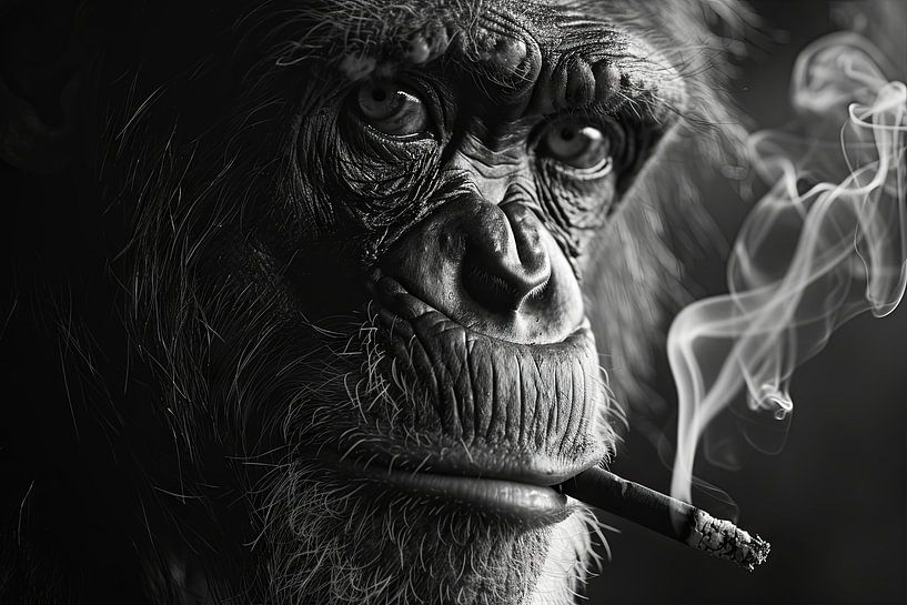 Black and white portrait of a monkey with a cigar by Poster Art Shop