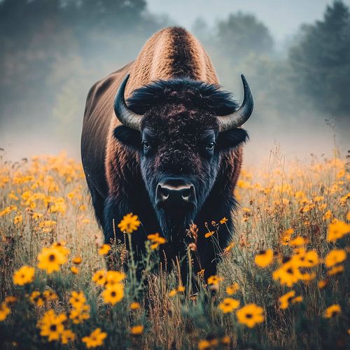Bizons in het bloemenveld