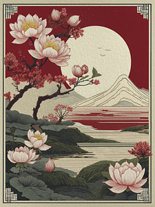 Lotus und Zen – Berglandschaft mit Vollmond im japanischen Stil