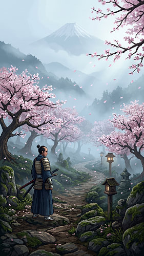 Un samouraï solitaire contemplant, depuis un sentier de montagne bordé de cerisiers en fleurs, le mont Fuji, entouré de brume, de lanternes, de rochers moussus et de pétales tombants