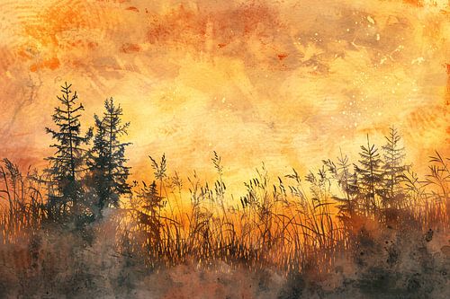 Warme Zonsondergang met Bomen en Gras